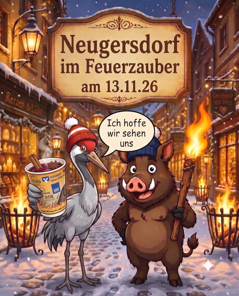 Plakat: Neugersdorf im Feuerzauber am 13.11.26 – ein Kranich mit Glühwein und ein Wildschwein mit Fackel in der verschneiten Straße